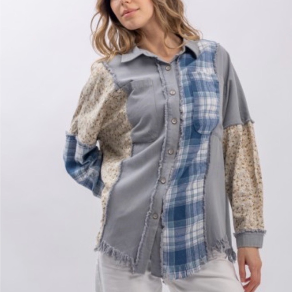 Patchwork Button-Down Shirt in Grey & Blue Plaid
